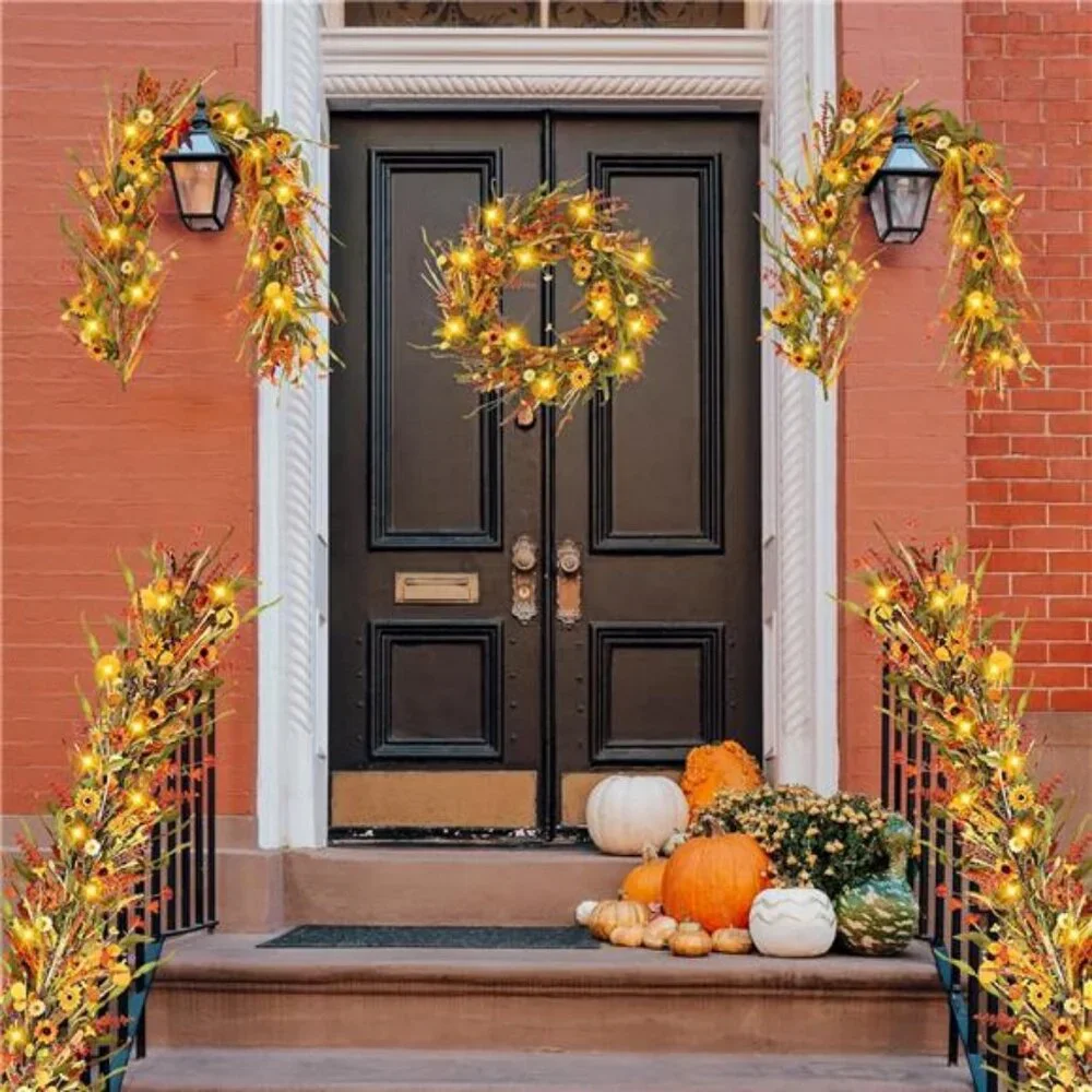 Fall Garland with Lights 6Ft Autumn Garland with Orange Daisy